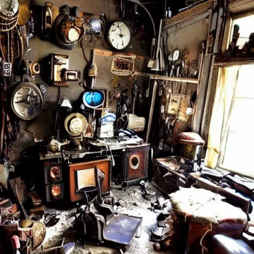 Image similar to steampunk hoarders room, extremely dirty
