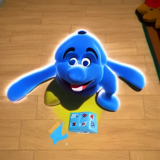 Prompt: full body shot of insanely detailed cartoon blue from blue's clues, with a birthday present, global illumination,