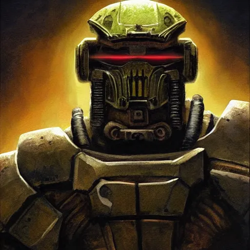 Image similar to portrait of a doomguy from doom, in his battle armor. he's a bodybuilder. visible biceps. gritty cyberpunk, messy blood. skeletons, corpses, monsters, bloated warhammer creatures. combat armor, exoskeleton. game cinematic still. digital illustration by frank frazetta. oil painting, highly detailed, centered, artgerm