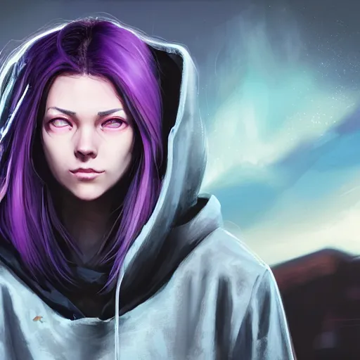 Prompt: a pale skinny young girl with purple hair, 1 8, in a black hoodie, and a cat, apex legends character, digital illustration portrait design, by android jones and greg rutkowski, retrowave color scheme, detailed, cinematic lighting, wide angle action dynamic portrait