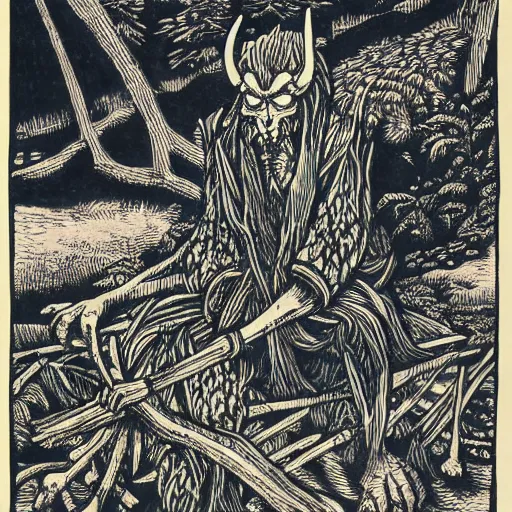 Image similar to the devil sits near a pile of bones in the edge of the woods. Woodblock print. Highly detailed.