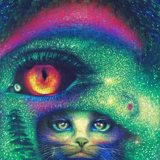 Image similar to psychedelic lush pine forest, outer space, milky way, amber eyes cat eyes designed by arnold bocklin, jules bastien - lepage, tarsila do amaral, wayne barlowe and gustave baumann, cheval michael, trending on artstation, star, sharp focus, colorful refracted sparkles and lines, soft light, 8 k 4 k