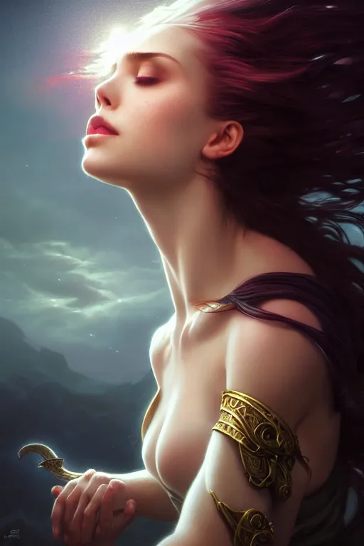Image similar to seductive looking sorceress prays!!! magic the gathering, windy hair!, surreal dark fantasy, cinematic volumetric lights, portrait, dnd, intricate, elegant, highly detailed, digital painting, artstation, concept art, smooth, sharp focus, illustration, art by artgerm and tom bagshaw and greg rutkowski and alphonse mucha