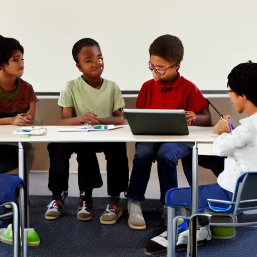 Prompt: four kids sitting around school table working on a digital tablet