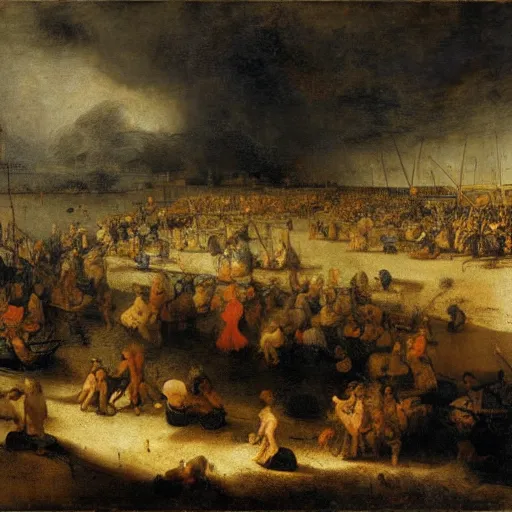 Prompt: a crowded beach by rembrandt