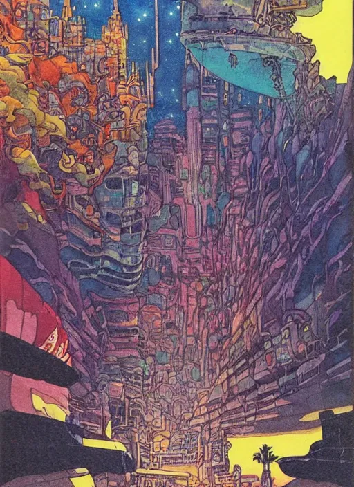 Prompt: 70s vintage anime comic book watercolor by Studio Ghibli and by James Jean, giant underwater city amongst cliffs at night by Jeffery Smith by Mati Klarwein, underwater Atlantean city landscape lights up the dark sea with bold colors, a surreal magical aura surrounds this hidden city lighting up the darkness