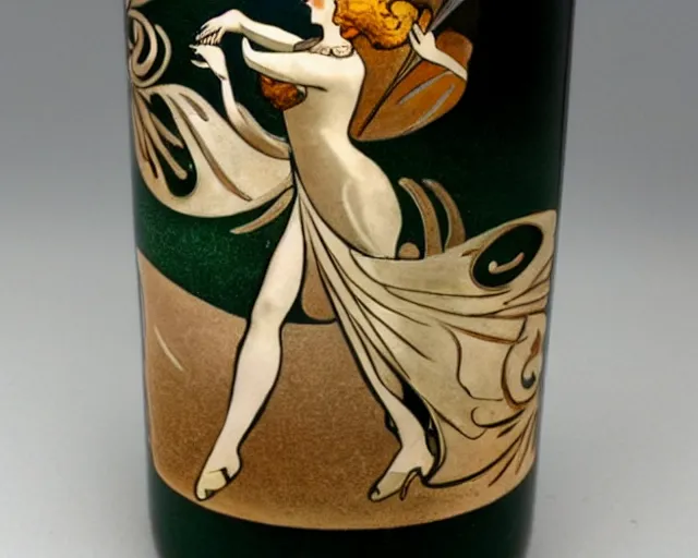 Image similar to dancer, melchizedek champagne bottle. art nouveau, cheerful, bright