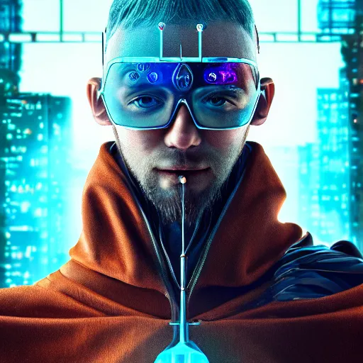 Prompt: a wizard is a cyborg, cyberpunk, exobiology, hyper realistic, hyper detailed, realistic picture, epic game portrait, high angle shot, Long shot, 4k post-processing highly detailed, , 35mm, Kodachrome film, photograph