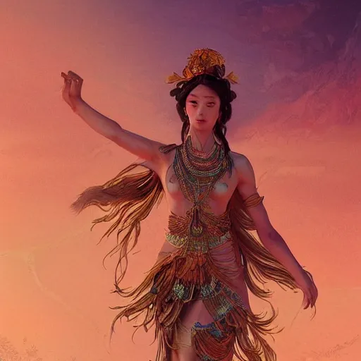 Prompt: a goddess dancing in the desert, glowing, fantasy, intricate and very beautiful and elegant, highly detailed, digital painting, artstation, concept art, smooth and sharp focus, illustration, art by tan zi and ayanamikodon and alphonse mucha and wlop