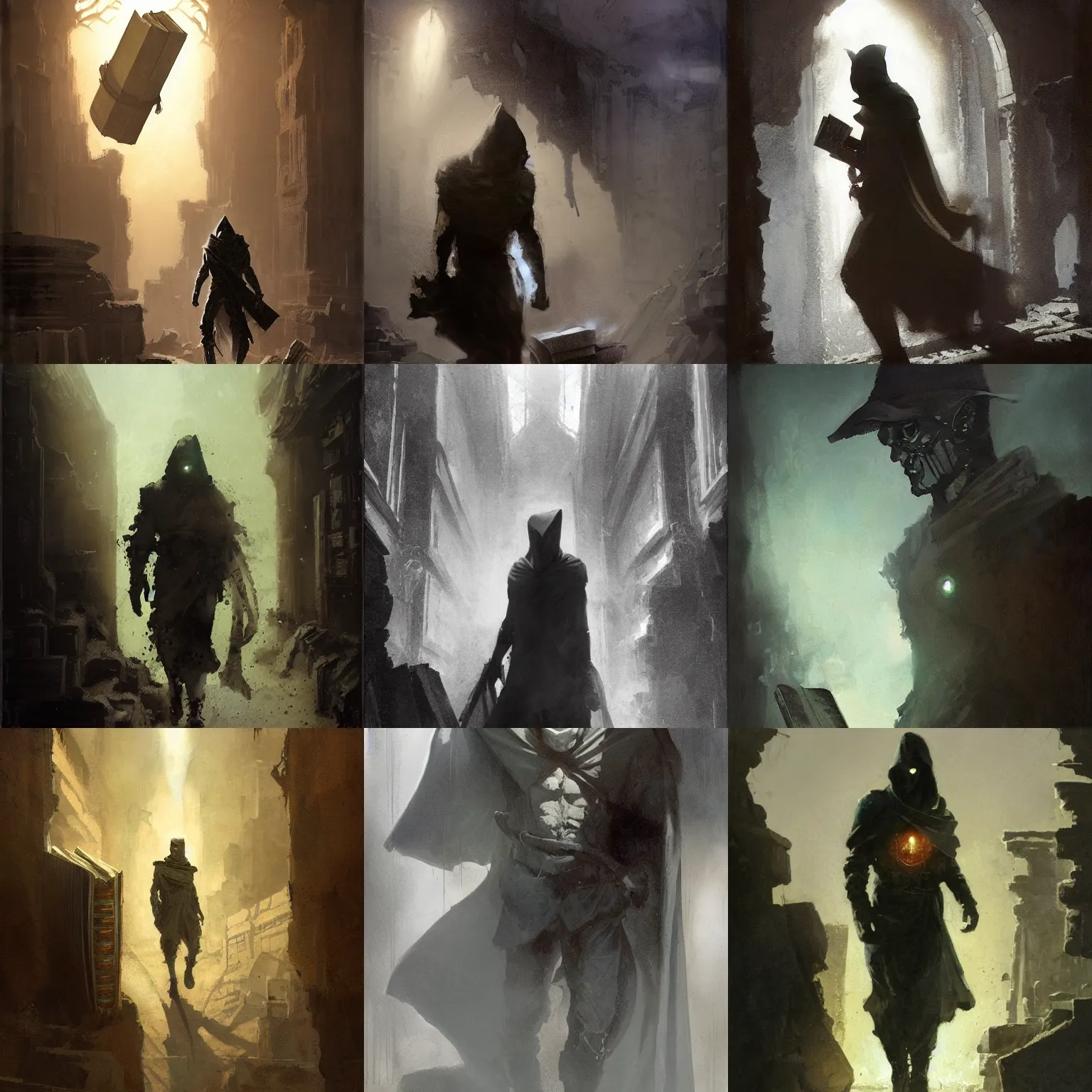 Prompt: portrait of destiny from sandman, man wearing a closed cowl, big old book chained to the wrist, by jeremy mann, by craig mullins and mike mignola, by jeff easley, face in the shadows, walking between ancient ruins, mysterious atmosphere, high detailed, 8 k
