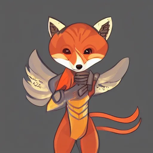 Prompt: Illustration of a cute young looking anthropomorphic fox fursona with wings wearing valkyrie armor, digital art, character concept art, trending on artstation