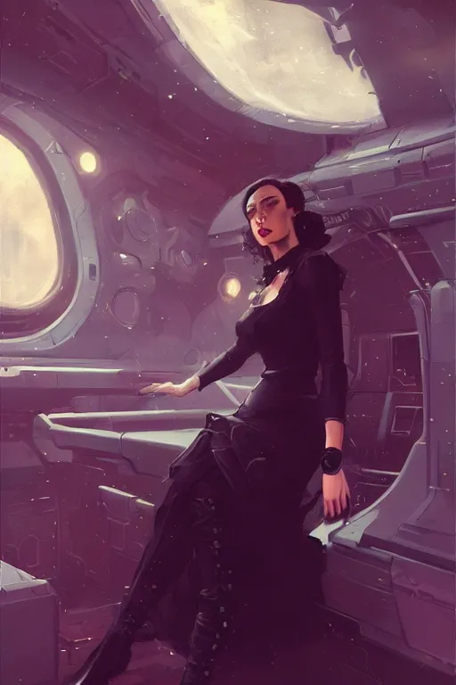 Image similar to a woman in a black dress and thigh highs in a steampunk spaceship, digital art, beautiful lighting, by jeremy lipking, by dan mumford, fantasy art, composition, beautiful face, expressive oil painting, octane render, steampunk, 4 k
