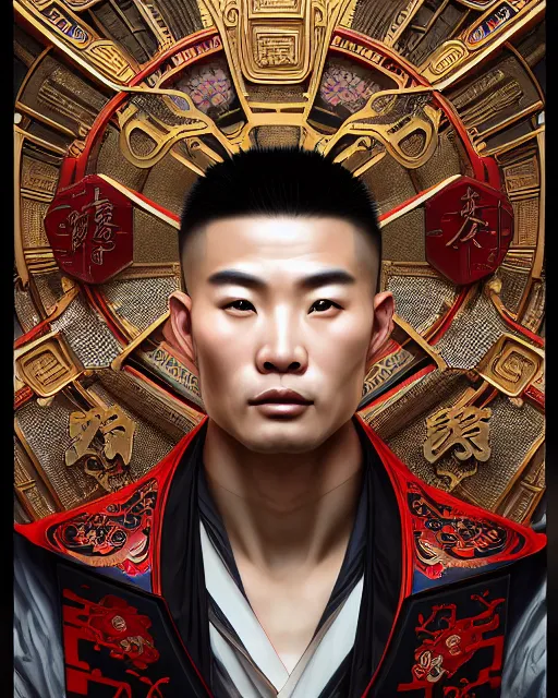 Image similar to portrait of a chinese masculine male cyberpunk machine, machine face, upper half portrait, decorated with chinese opera motifs, muscular, asian, fine china, wuxia, traditional chinese art intricate intense elegant 京 剧 highly detailed symmetry headpiece digital painting artstation concept art smooth sharp focus illustration, art by artgerm and greg rutkowski alphonse mucha 8 k