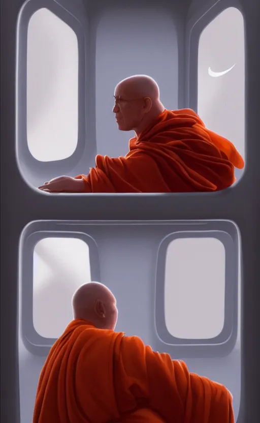 Image similar to portrait of a blind monk in a spaceship, looking out the window, orange robe, dramatic lighting, artstation, matte painting, ralph mcquarrie