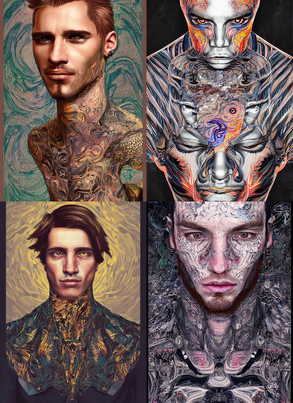 Prompt: portrait of a handsome man in the pattern style of edouard benedictus and e. a. seguy, beautiful, bizarre, hyper detailed, vivid and vibrant, 8 k, award winning, trending on artstation,