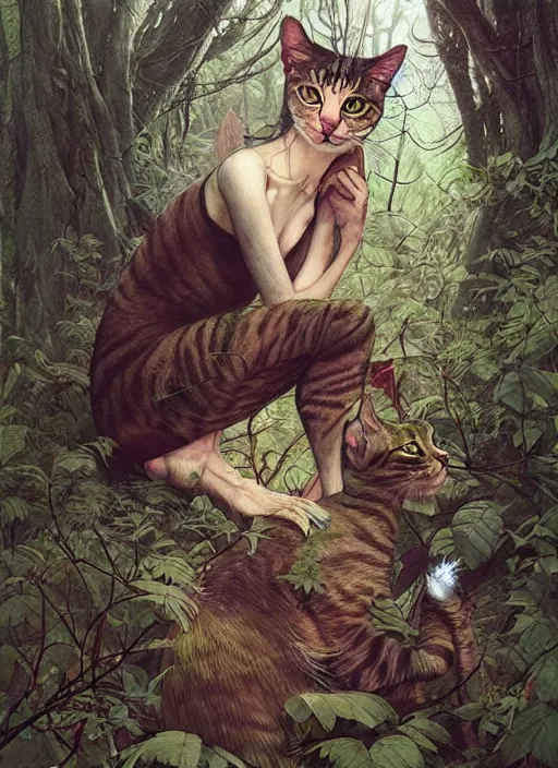 Prompt: a hyper realistic cat witch in the woods gorgeous lighting, k _ lms lush forest foliage painting by chiara bautista and beksinski and norman rockwell and greg rutkowski weta studio, and lucasfilm