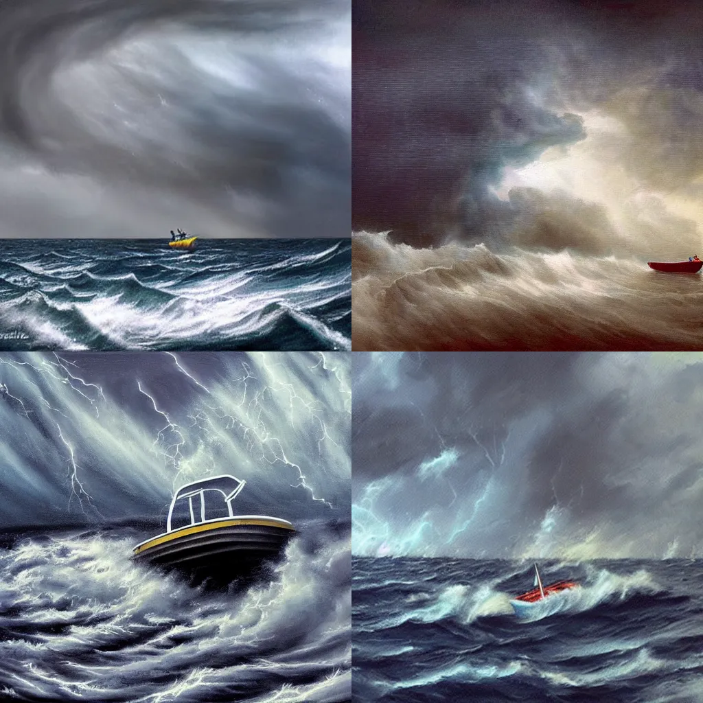 Prompt: small boat in an epic storm. Painted by Aliens
