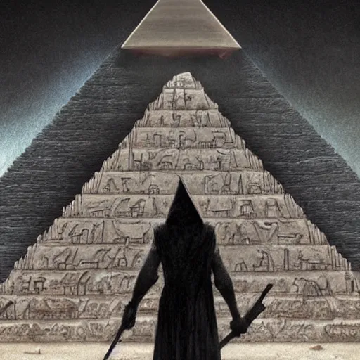 Image similar to Pyramid Head standing in front of The Great Pyramid of Giza, intricate, highly detailed, fullbody, artstation, dark fantasy, horror, Silent Hill game, concept art, smooth, sharp focus, illustration, art by greg rutkowski and orientalism and bouguereau and Zdzislaw Beksinski, good clear quality, lighting, biology, symmetrical artwork, perfect face, 135 mm, cinematic, hyper realism, high detail, octane render, 8k, chrome accents