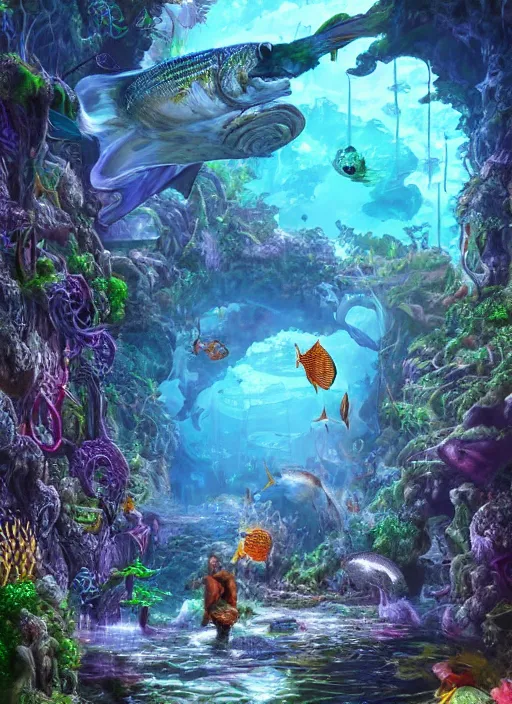 Image similar to people observing lots of beautiful fish in an underground aquarium corridor, in the style of james mccarthy, fantasy art, ray tracing, water droplets, highly detailed, artstation trend, highly detailed and intricate, sharp focus, photography, unreal engine 5