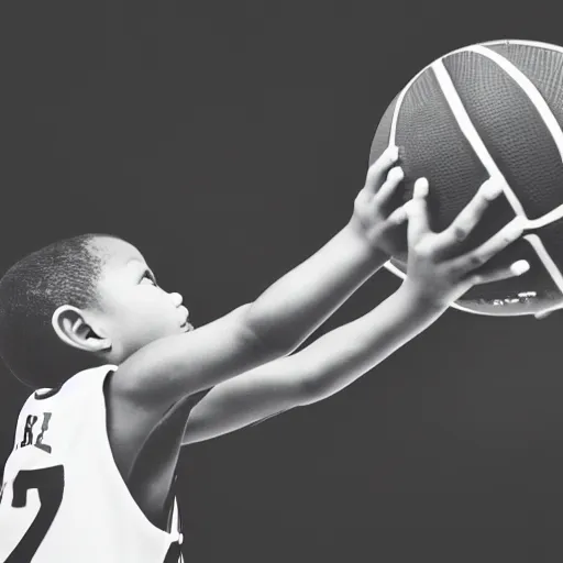 Prompt: a black and white photo of a kid shooting a basketball, very realistic, realistic face, photorealistic, good angle, back angle