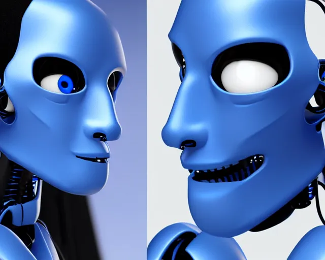 Image similar to A blue skin cyborg robot college student with a black antennae for a nose