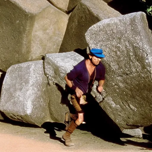 Prompt: Indiana Jones running from rolling boulder trap in ancient temple movie scene