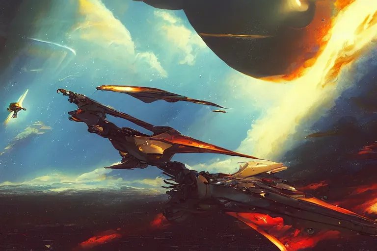 Image similar to a pterodactyl mecha, pteranadon styling fighter-jet sized, smooth, john berkey white plastic panels, robotech styling Raymond Swanland and Jessica Rossier nebula like clouds in space background near a ringed gas giant, distant explosions cinematic lighting, hyper detailed hyper detailed, 8k, ultra realistic, cinematic lighting, ultra wide 35mm lens, Boeing Concept Art