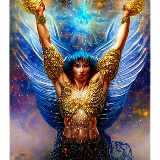 Image similar to full muscular body made of gems with golden feathers ,thunder, shining light, nebulas, god rays by Karol Bak, Ayami Kojima, Amano