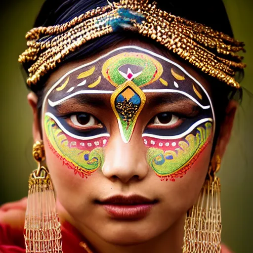 Image similar to portrait of a stunningly beautiful asian tribal female, small amount of traditional facepainting, feathers gold studded jewellery, depth of field, zeiss lens, detailed, symmetrical, centered, fashion photoshoot, by Annie Leibovitz and Steve McCurry, David Lazar, Jimmy Nelsson, Breathtaking, 8k resolution, extremely detailed, beautiful, establishing shot, artistic, hyperrealistic, beautiful face, octane render