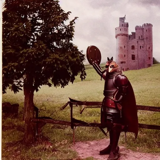 Prompt: anthropomorphic fox!! who is a medieval knight holding a swo - rd towards a stor - my thundercloud [ 1 9 3 0 s film still ], ( castle in the background )