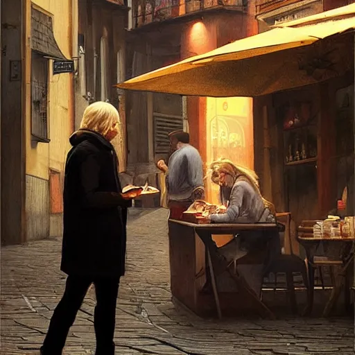 Image similar to a blonde woman & Michael mcintyre searching for food in Porto, greg rutkowski