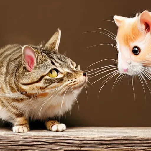 Prompt: a cat yelling at a hamster