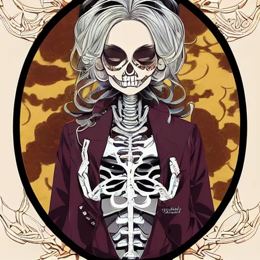 Image similar to anime manga skull portrait young woman barbie cuphead skeleton, intricate, elegant, highly detailed, digital art, ffffound, art by JC Leyendecker and sachin teng