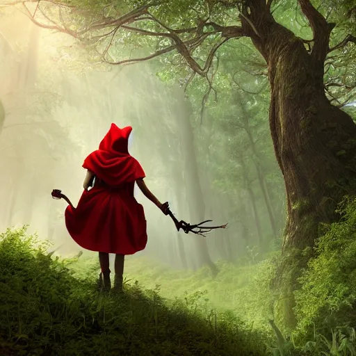 Prompt: portrait of a cute and beautiful, smirking heavily armed little red riding hood, getting attacked by a werewolf from behind in a lush green forest, sharp focus, unreal engine 5, digital illustration, volumetric light, highly detailed, intricate, by michael whelan, james gurney, 8 k