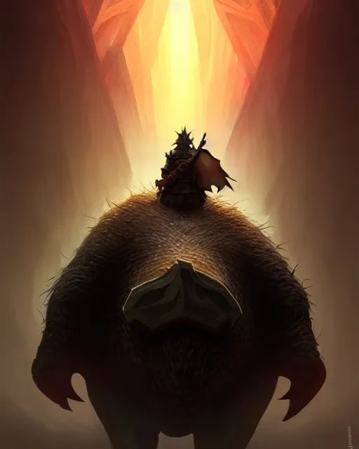 Prompt: Giant Hog scared of mouse, medium shot, fear, D&D, artstation, fantasy, magic the gathering artwork, cinematic lighting, centered, symmetrical, highly detailed, digital painting, , concept art, smooth, sharp focus, illustration, volumetric lighting, epic Composition, 8k, art by Akihiko Yoshida and Greg Rutkowski and Craig Mullins, oil painting, cgsociety