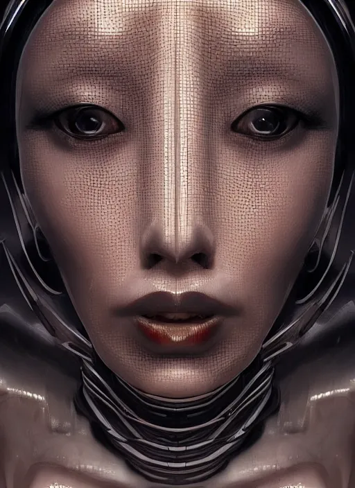 Image similar to beautiful portrait of an alien cyborg, style of Feng Zhu, Artstation geometric, aesthetic, big eyes, smooth skin, gothic make up, unique features, symmetrical, intricate crown, high fashion, streetwear, cyberpunk, detailed, octane render, cinematic, 8k, brown skin, retro sci fi film,