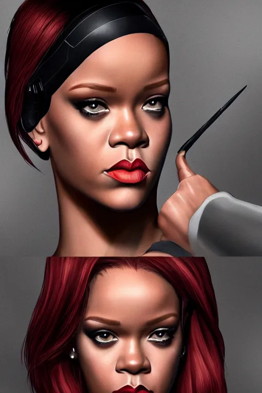 Image similar to rihanna as black widow in avengers, realistic portrait photography, very detailed face