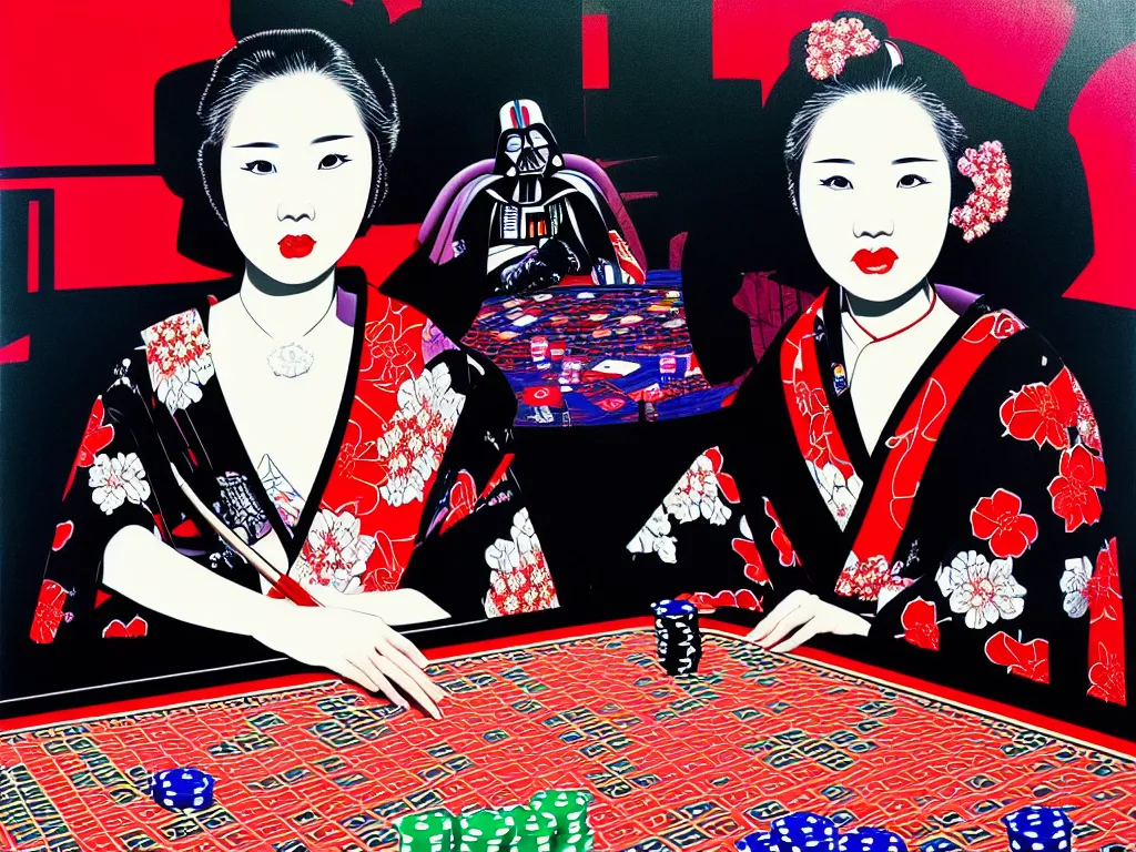 Image similar to hyperrealism composition of the detailed woman in a japanese kimono sitting at an extremely detailed poker table with darth vader, fireworks on the background, pop - art style, jacky tsai style, andy warhol style, acrylic on canvas