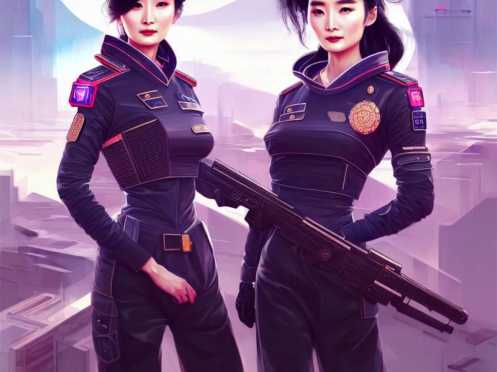 Image similar to portrait futuristic china police uniform female yang mi, at future neon light rooftop, ssci - fi and fantasy, intricate and very very beautiful and elegant, highly detailed, digital painting, artstation, concept art, smooth and sharp focus, illustration, art by tan zi and ayanamikodon and alphonse mucha and wlop