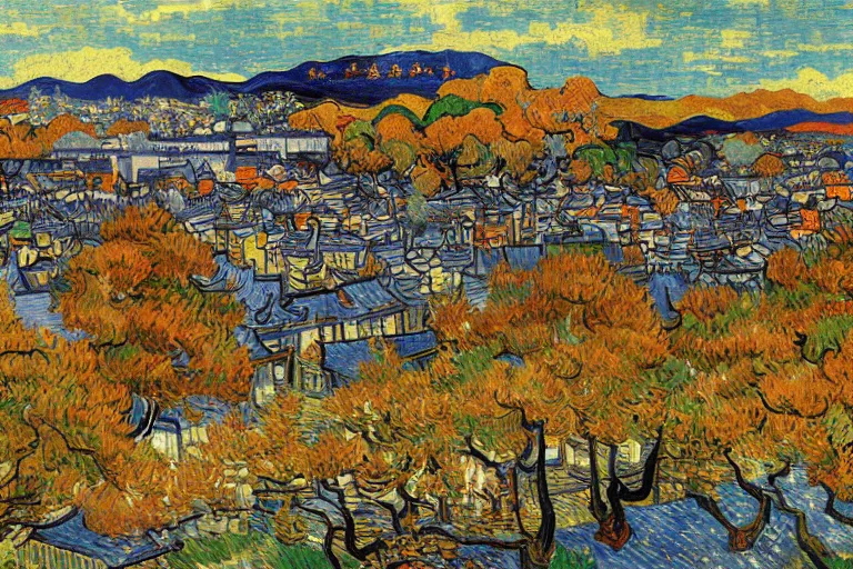 Prompt: Kyoto city painted by Vincent van Gogh, during autumn season, printed on glossy metal canvas