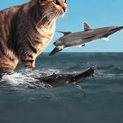 Prompt: gato cazando tiburones en una playa, photo realistic, valor, funny