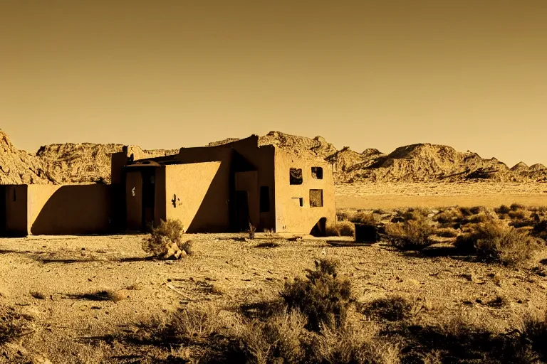 Image similar to desolate house in the middle of the desert, golden hour, dramatic, desolate, award winning