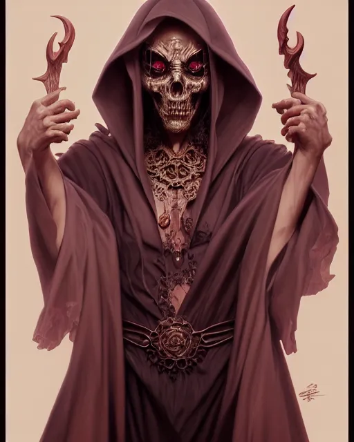 Image similar to portrait of a satanic grim reaper, detailed face, upper body, decorated, intricate, elegant, highly detailed, digital painting, artstation, concept art, smooth, sharp focus, illustration, art by artgerm and greg rutkowski and alphonse mucha, 8 k