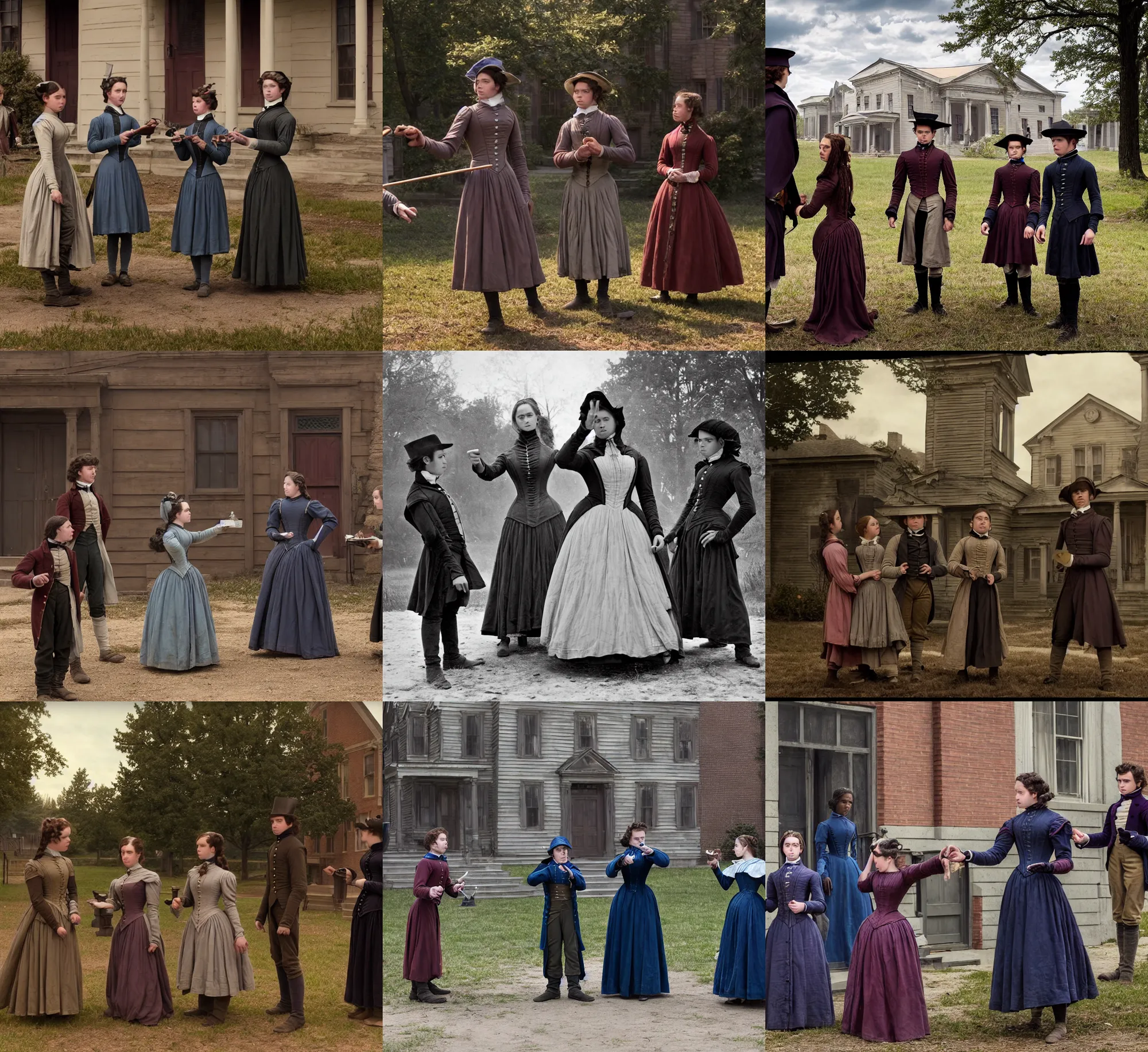 Prompt: highly detailed, freeze frame from a 2 0 1 9 sci fi color movie, set in 1 8 5 0 in an alternate universe, mid distant shot of three students practicing magic, outside the school of magic, 1 8 5 0 s era clothing, atmospheric lighting, in focus, real faces, 3 5 mm macro lens, live action, good photography