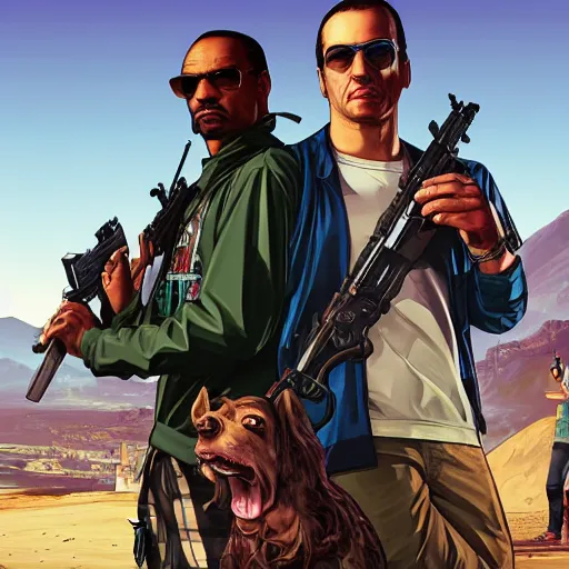 Prompt: GTA5, Cover Art, Grand Theft Auto Poster, Snoop Doggy Dogg as a secret agent with sunglasses, D&D, fantasy, intricate, elegant, highly detailed, digital painting, artstation, concept art, matte, sharp focus, illustration, hearthstone, art by Artgerm and Greg Rutkowski