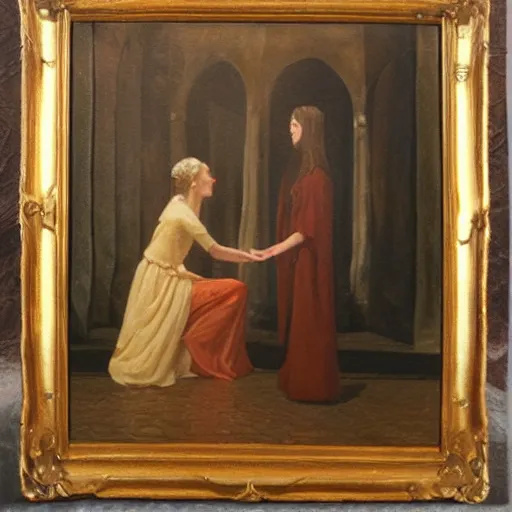 Image similar to conniving mage bewitches breathtaking demure maiden, oil on canvas