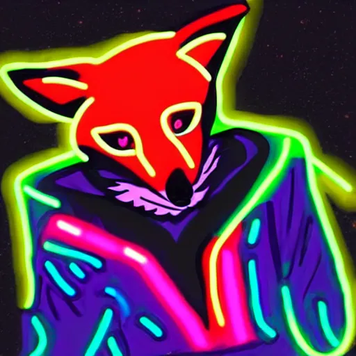 Prompt: a fox wearing a black hoodie with glowing neon stripes, in the style of anime