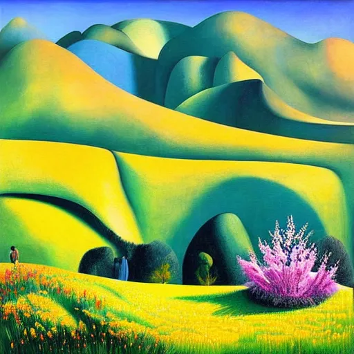 Image similar to mountain landscape in spring, flowers, teal landscape, dreamy light, sunny complementary palette, by and jacek yerga and tamara de lempicka and jesse king, pop surrealist, wiccan