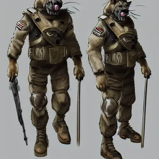 Prompt: a humanoid german shepherd beast - man in military style, he's wearing shoes, artstation, concept art, smooth, sharp foccus ilustration, artstation