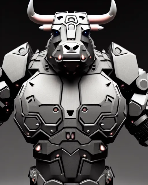 Image similar to a full body shot of a imposing cyborg ( bull ) modeled after a bull with open eyes looking into the camera, intricate pattern, hard rubber chest, highly detailed, android, cyborg, full body shot, intricate, 3 d, symmetrical, octane render, fantasy, highly detailed, digital art, artstation, strong bokeh